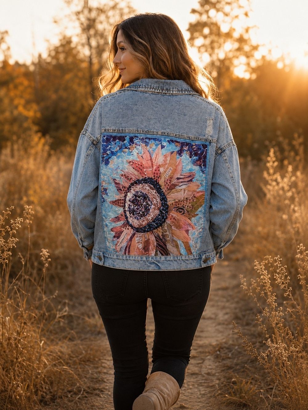 Ampersand Avenue M Distressed Denim Jacket Sunflower Rhinestone Artsy Boho
